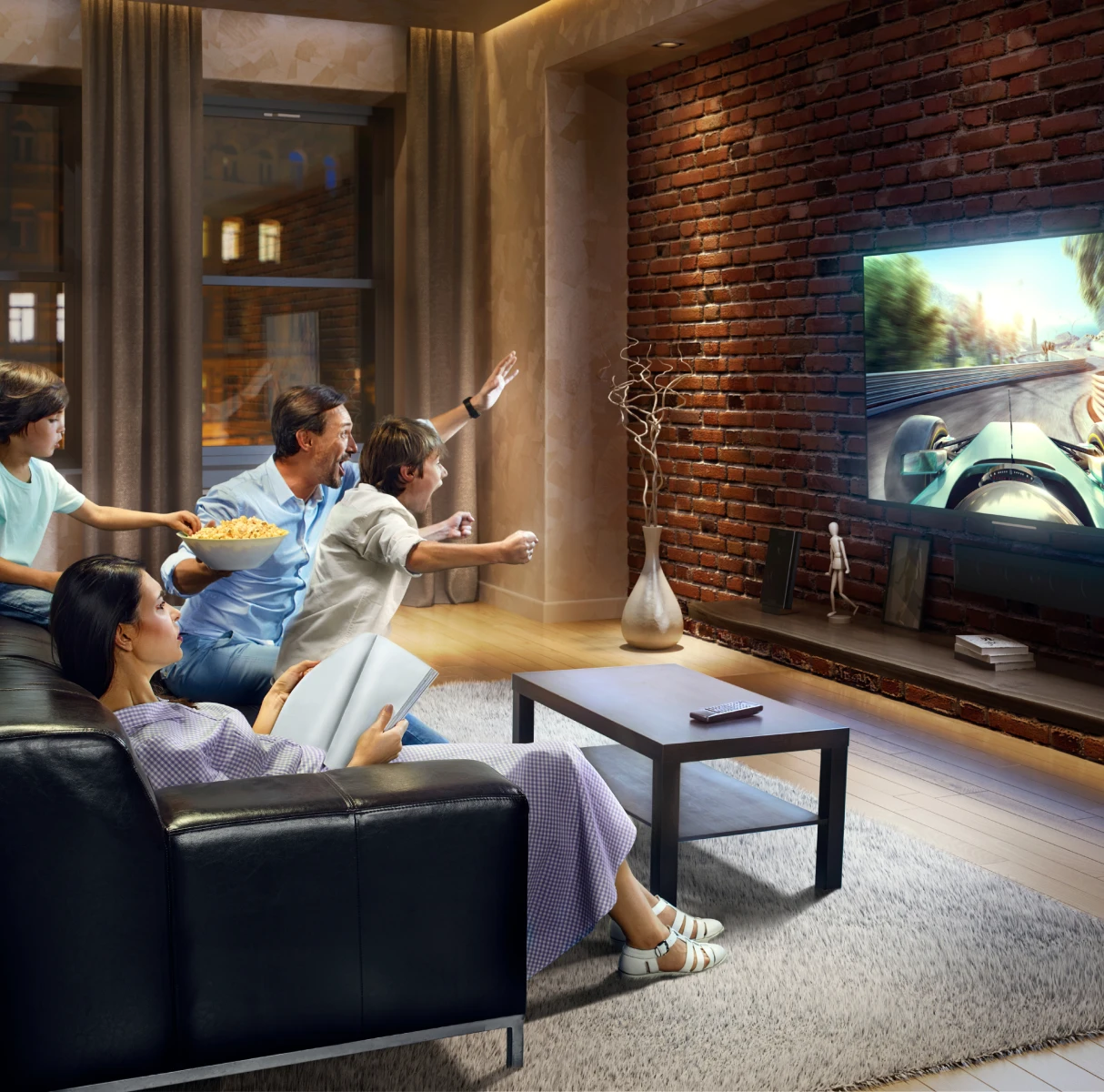 Cozy living room movie night scene