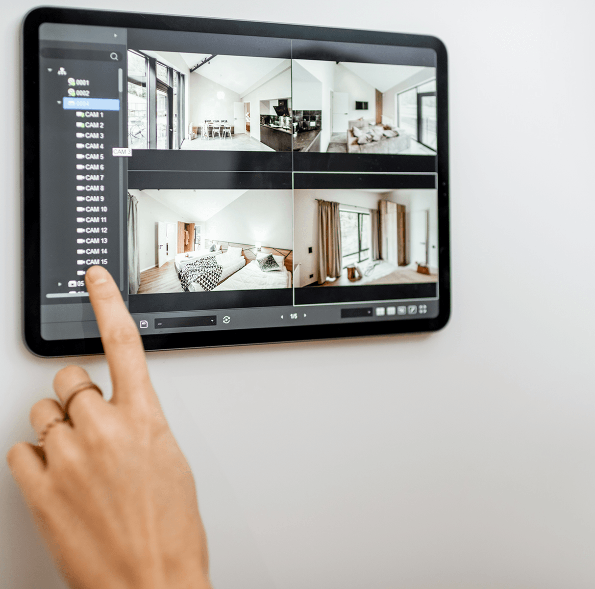 Tablet displaying home security camera feeds