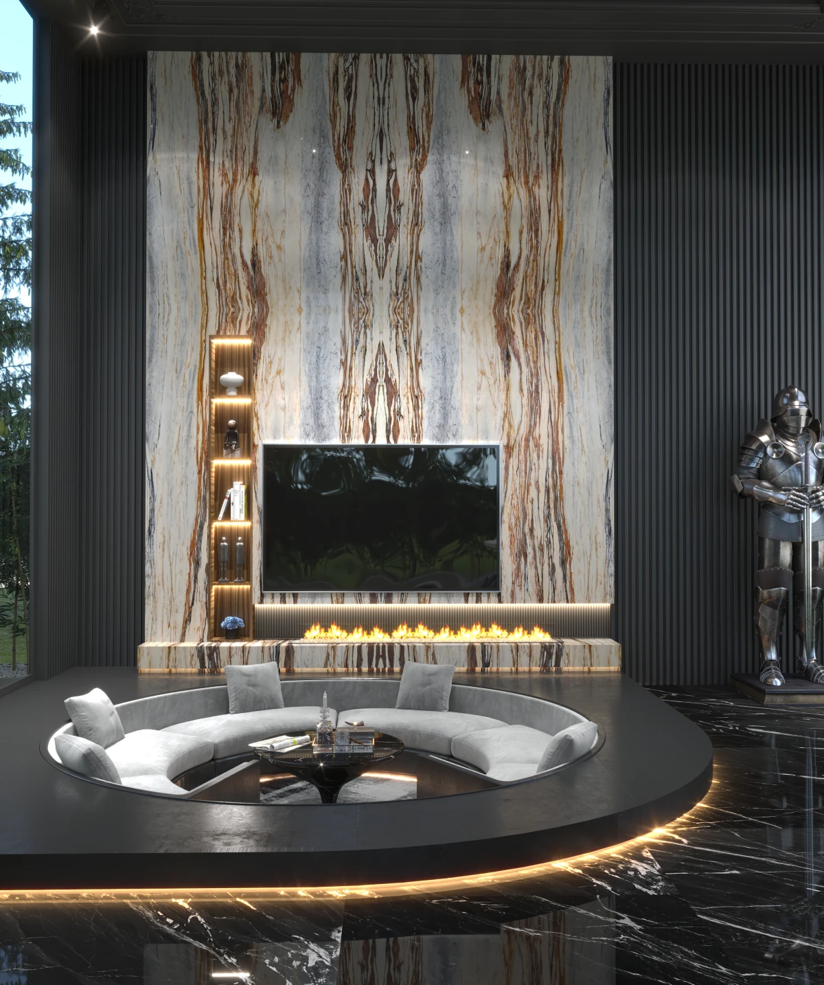 Luxurious interior with marble feature wall