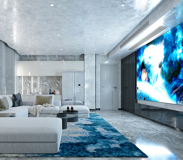 Sleek gray and blue themed living space