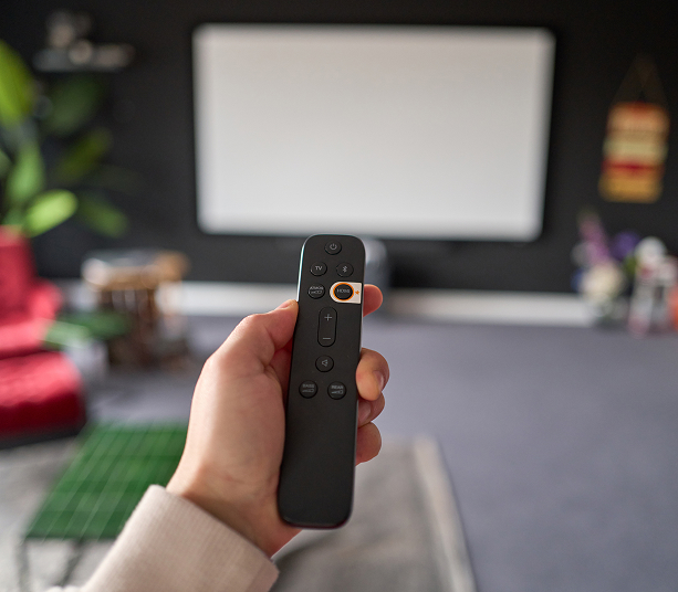 Hand holding remote in living room